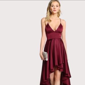 Burgundy Satin V-Neck, Hi-Lo Gown